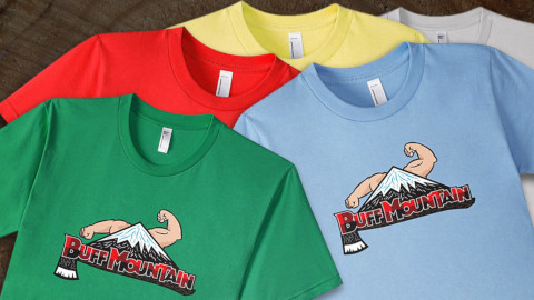 Buff Mountain logo shirts available from Amazon